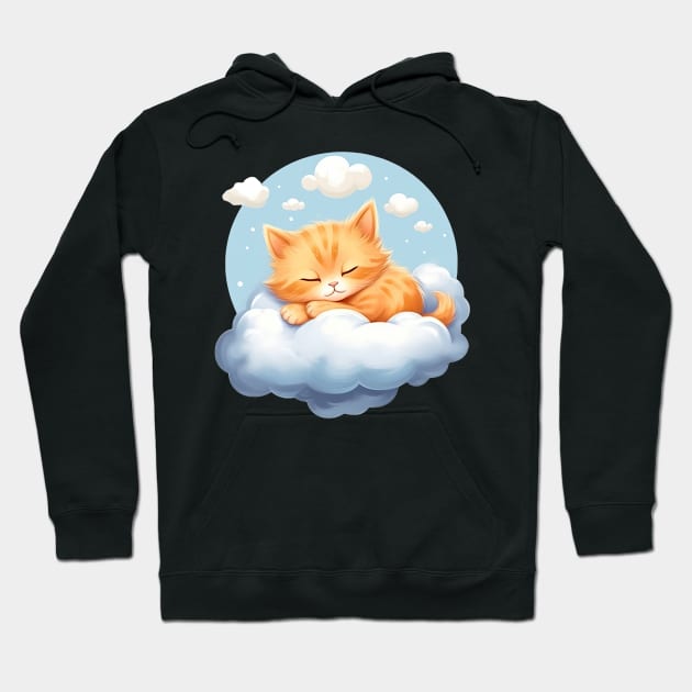 Sleepy Cat Dreams: Cartoon Cute Orange Kitty on Cloud Hoodie by YUED